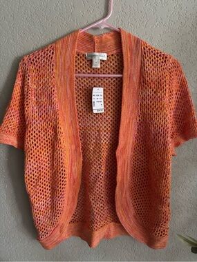 Christopher & Banks Cardigan Womens M Coral Cotton Open Knit Short Sleeve NWT